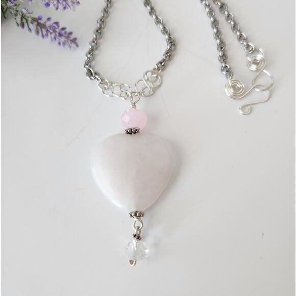 Rose Quartz Heart Shaped Stone Pendant Necklace - Picture 10 of 12